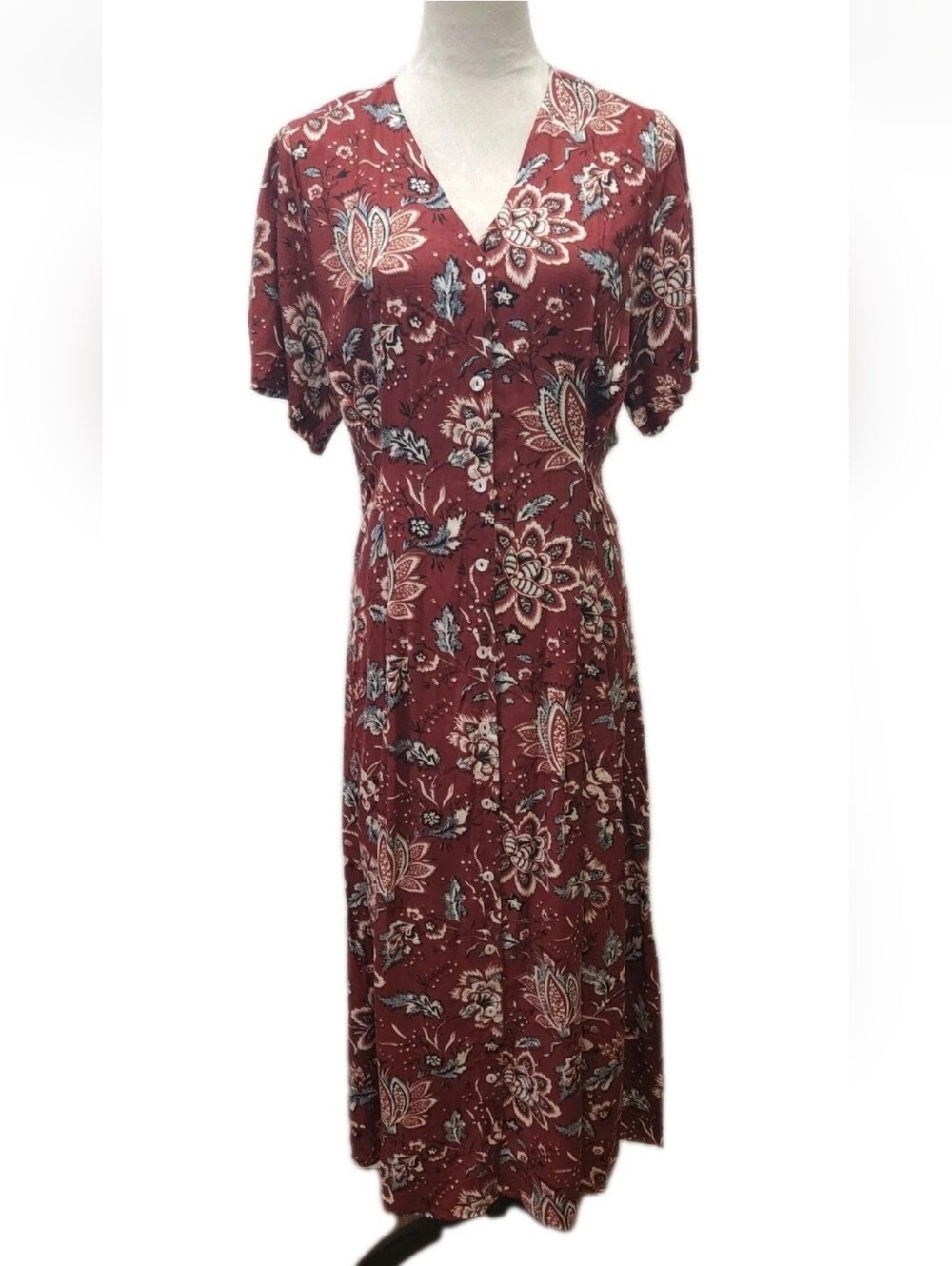 J Peterman Womens Small Red Floral Paisley Midi Maxi Dress Boho Button Front